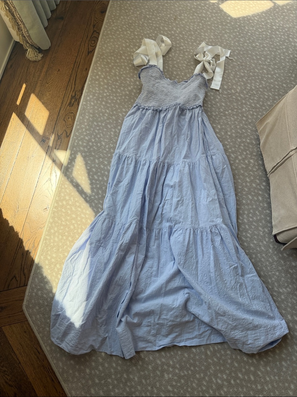 Light Blue Tiered Sundress with Cream Tie Straps